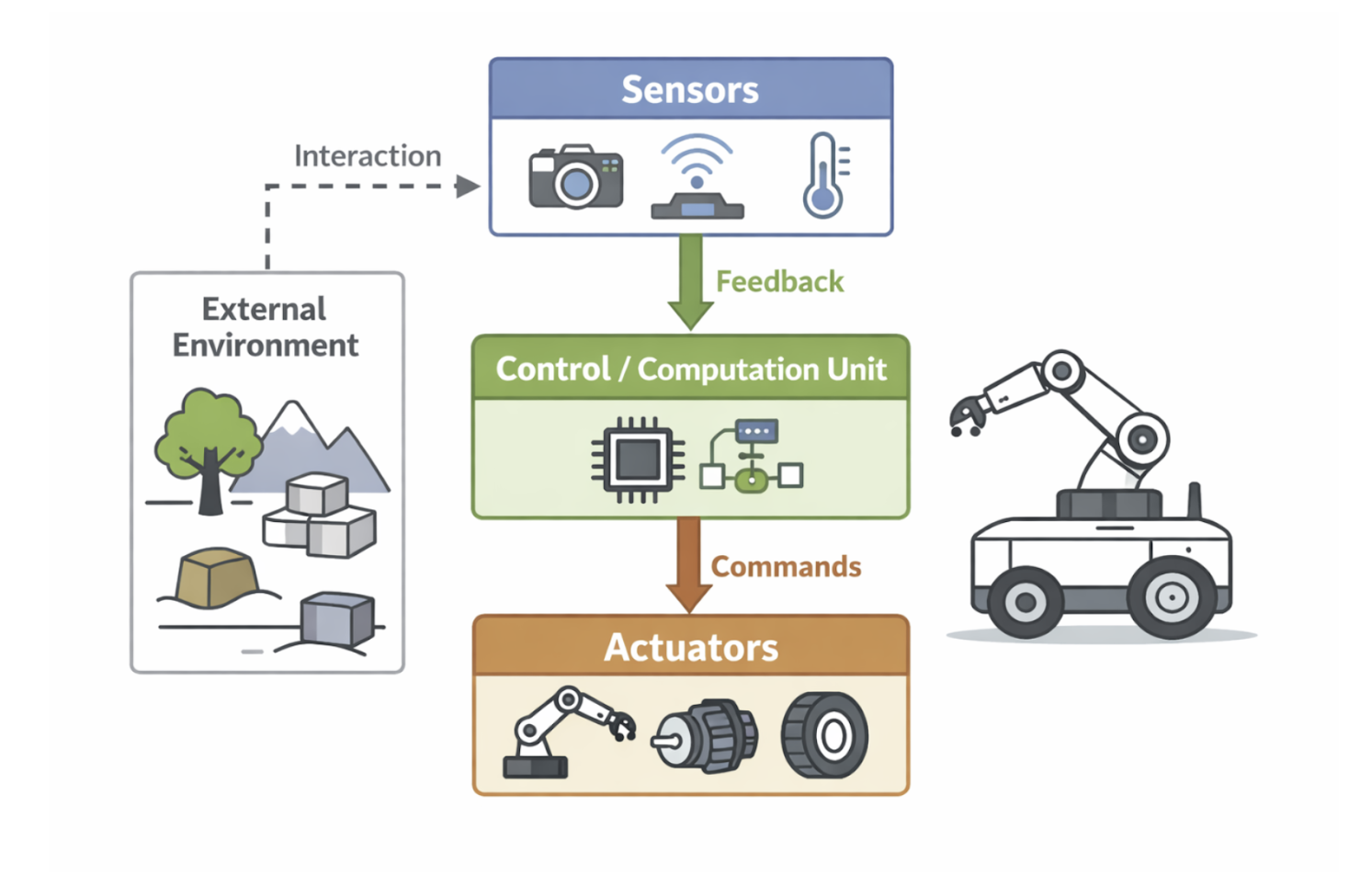 Core components of a robotic system integrating sensing, computation, actuation, and feedback control
